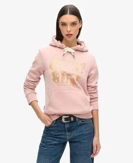 Superdry Ladies Classic Retro Glitter Logo Hoodie, Pink, 