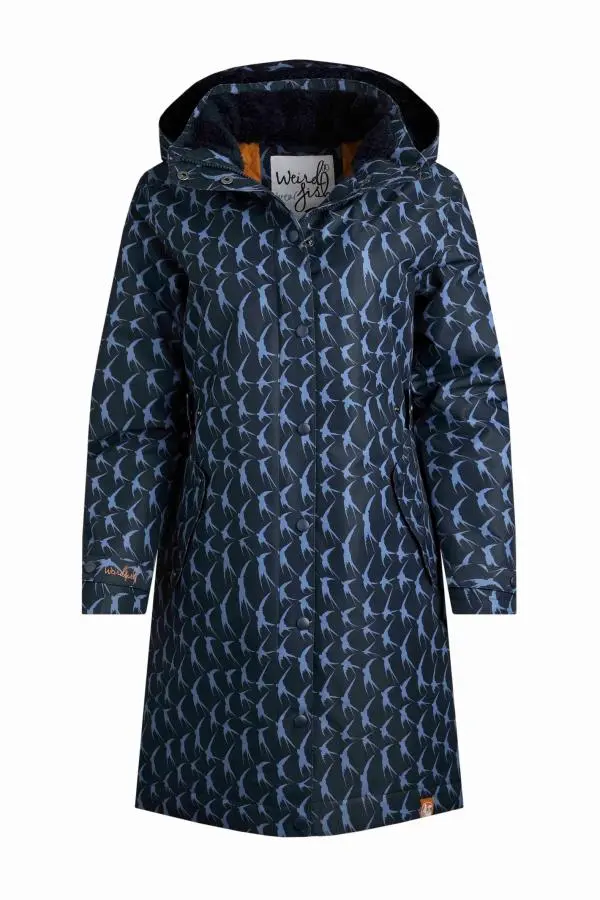 Weird Fish Sena Recycled Bird Print Waterproof Coat  Dark Navy