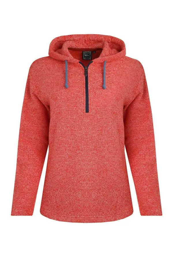 Weird Fish Alisa Eco 1/4 Zip Snow Marl Fleece Hoodie Tango Red