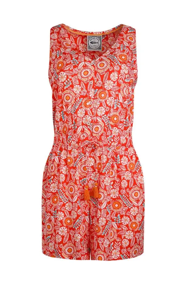 Weird Fish Mare Eco Viscose Printed Playsuit Tango Red