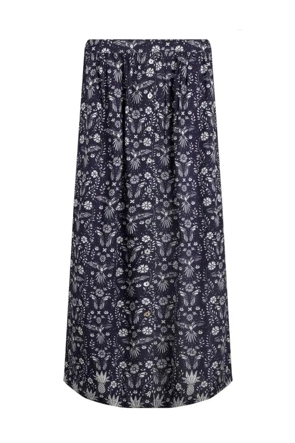 Weird Fish Nina Livaeco™ Printed Viscose Midi Skirt Rich Navy