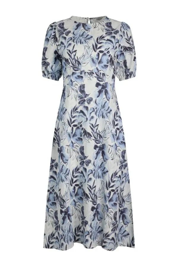 Weird Fish Delanie Linen Rich Printed Tea Dress Estate blue