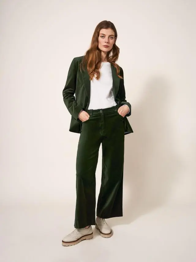 White Stuff Belle Velvet Cropped Wide Leg In Green