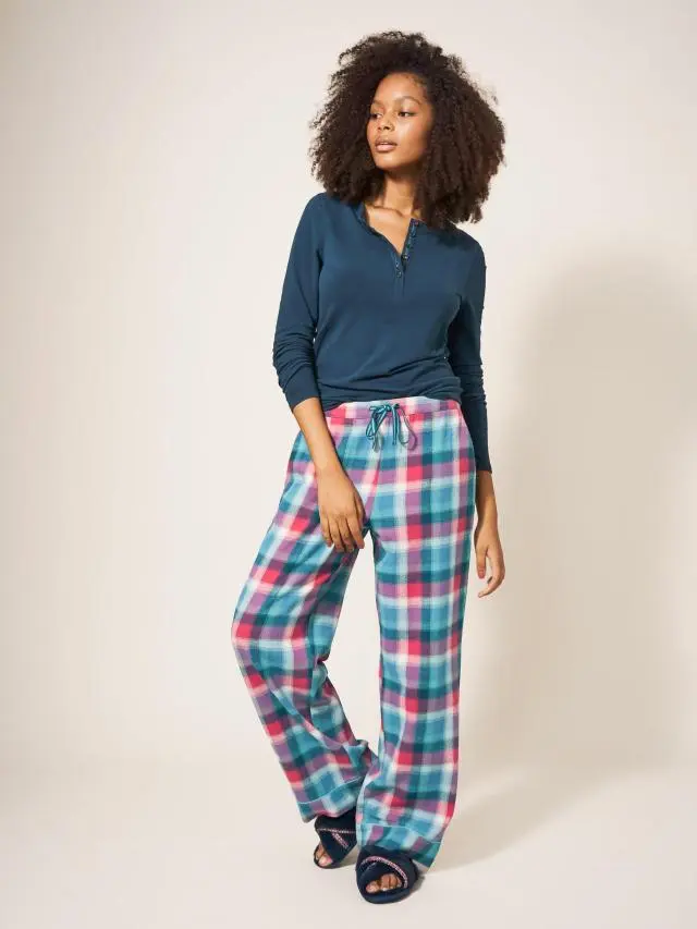 White Stuff Nina Organic Check Pj Bottoms In Teal