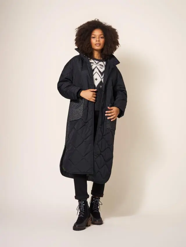 White Stuff Luna Fabric Mix Quilted Coat In Black