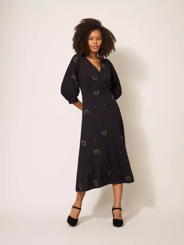 White Stuff Megan Embroidered Jersey Dress In Black
