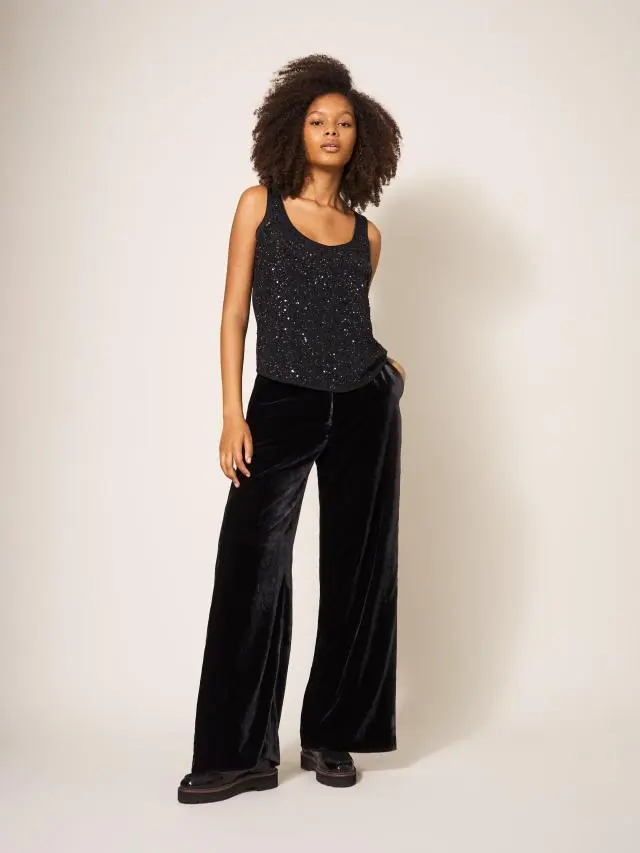 White Stuff Jenny Velvet Wide Leg Trouser In Black