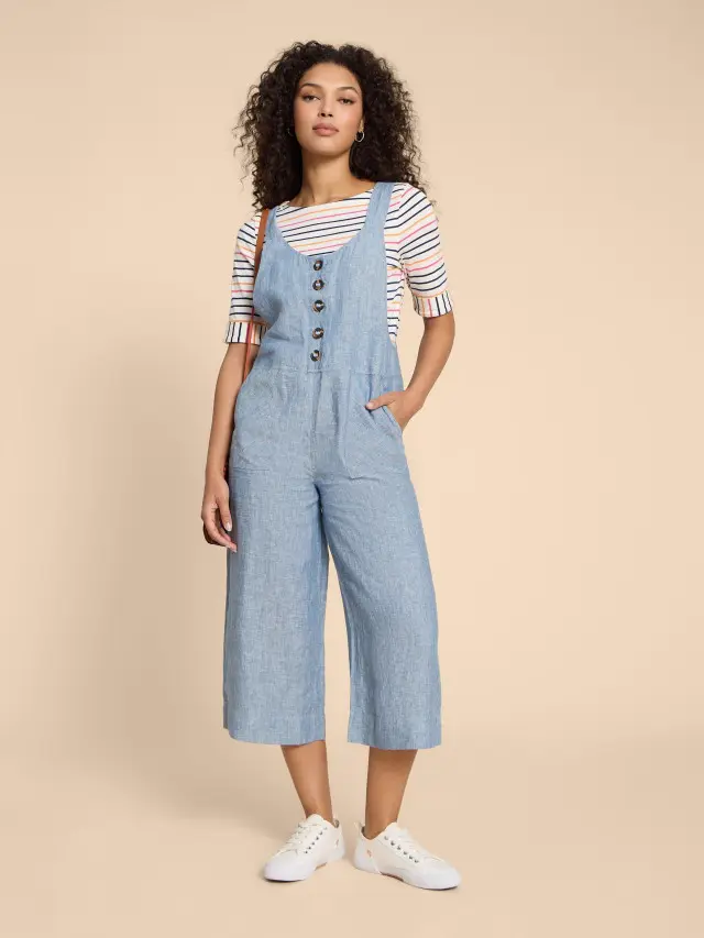 White Stuff Viola Crop Linen Dungaree In Blue