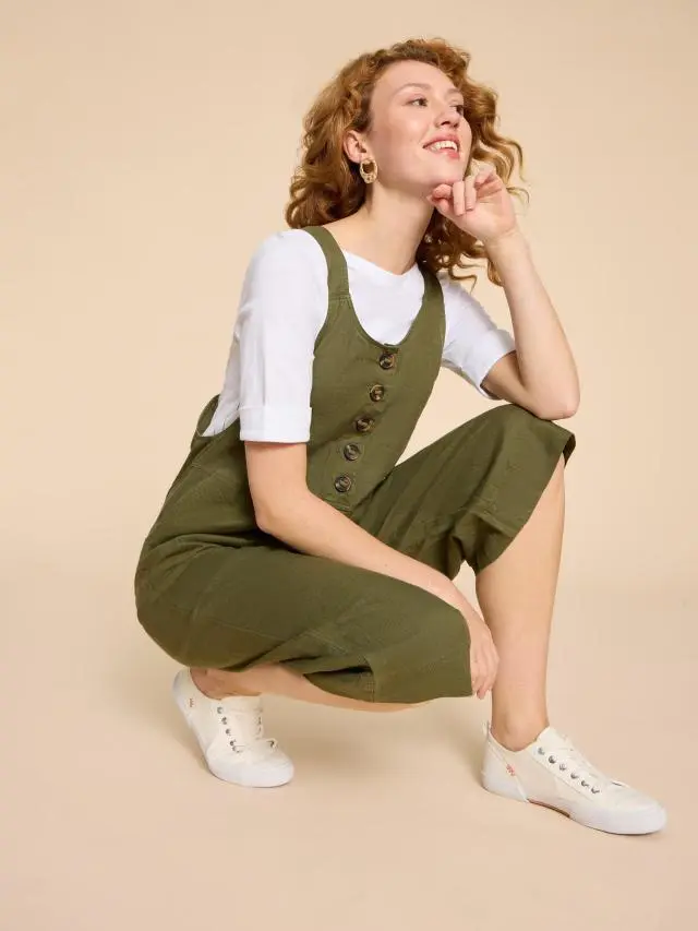 White Stuff Viola Crop Linen Dungaree In Khaki