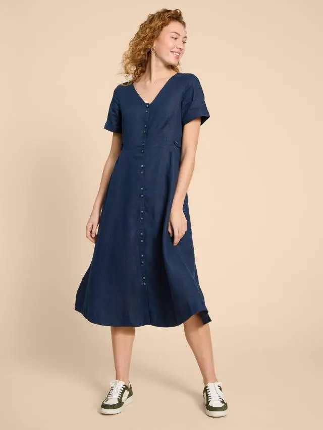 White Stuff Ivy Linen V Neck Midi Dress In Navy