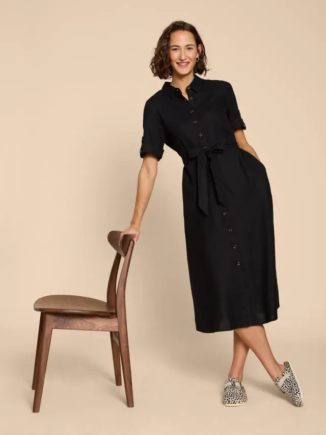 White Stuff Beth Linen Blend Shirt Dress In Black