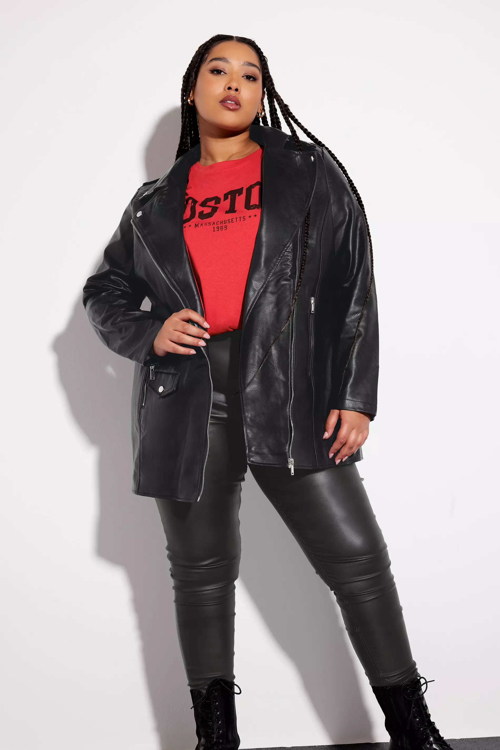 Yours Curve Black Faux Leather Longline Biker Jacket Women s Curve Plus Size Yours