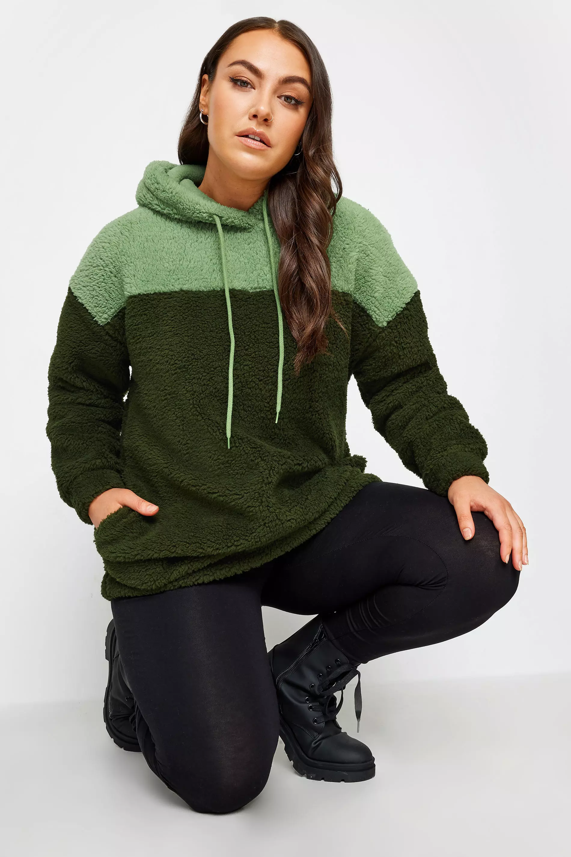 Pockets For Women Yours Curve Green Colour Block Teddy Hoodie Women s Curve Plus Size Yours