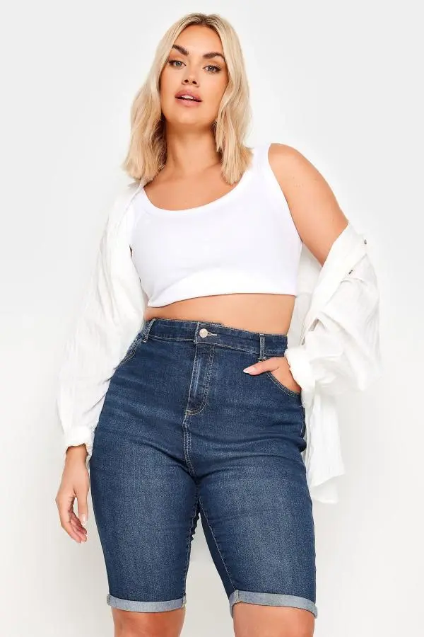 Yours Curve Mid Blue Stretch Denim Shorts, Women's Curve & Plus Size, Yours