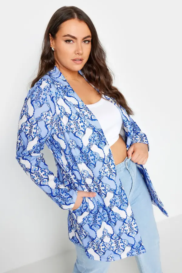 Limited Collection Curve Blue Tile Print Blazer, Women's Curve & Plus Size, Limited Collection