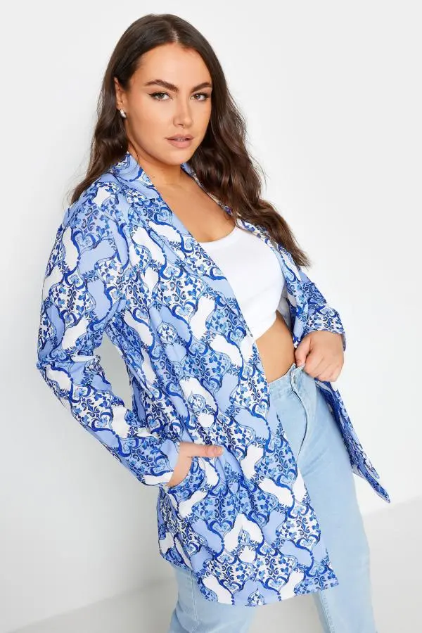 Yours Curve Blue Tile Print Blazer, Women's Curve & Plus Size, Yours