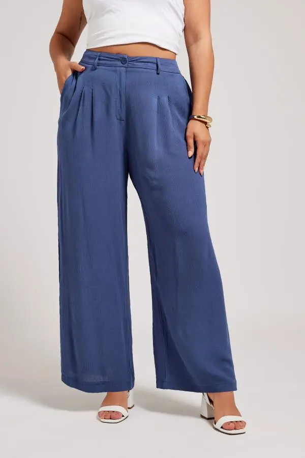 Yours London Curve Blue Pleat Front Wide Leg Trousers, Women's Curve & Plus Size, Yours London