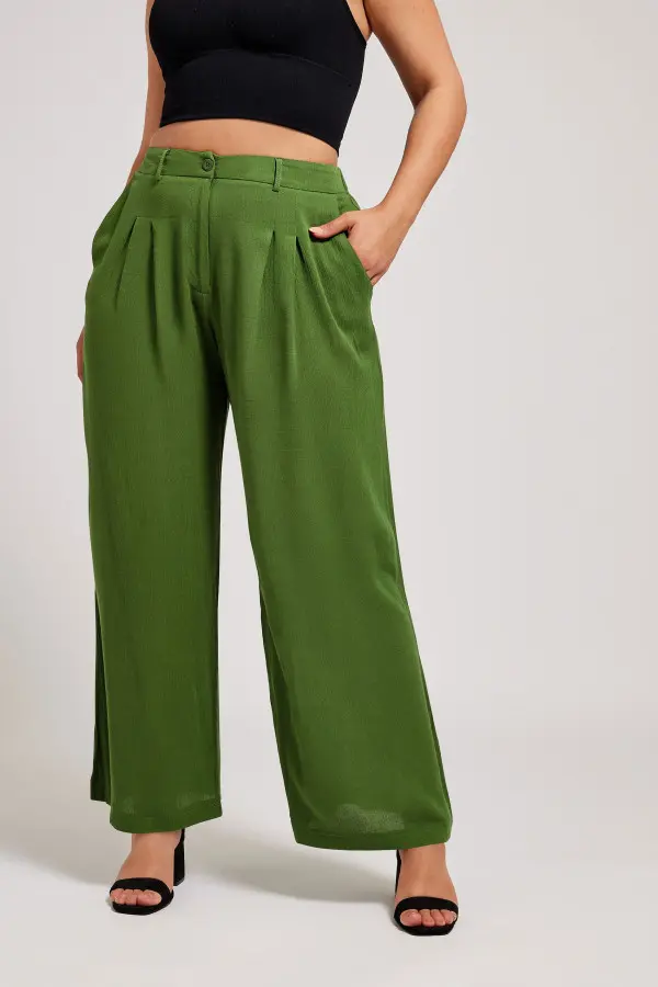 Yours London Curve Green Pleat Front Wide Leg Trousers, Women's Curve & Plus Size, Yours London