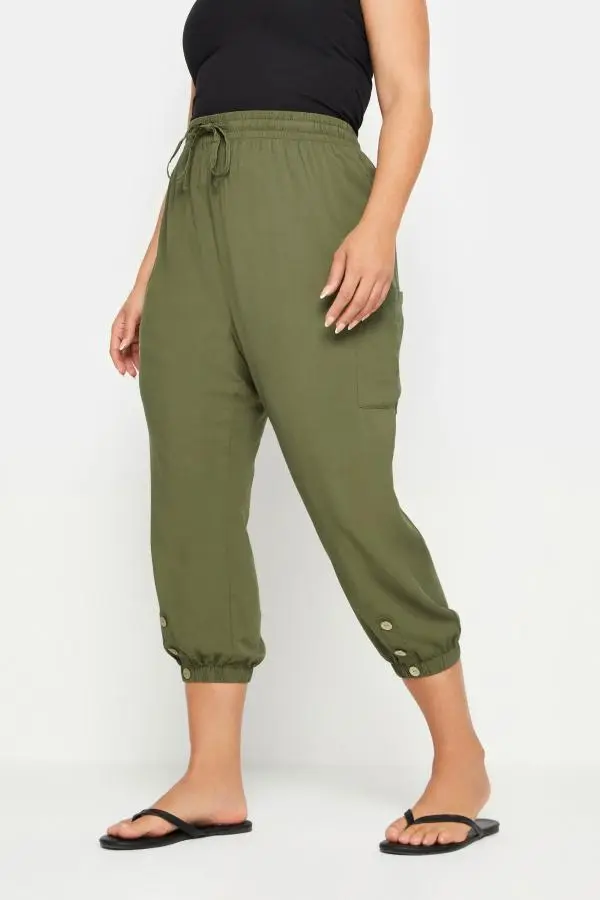 Yours Curve Khaki Green Button Front Cropped Trousers, Women's Curve & Plus Size, Yours