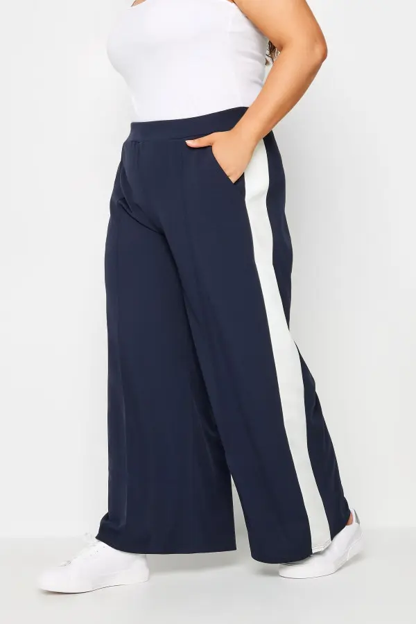 Yours Curve Navy Blue & White Scuba Side Stripe Trousers, Women's Curve & Plus Size, Yours