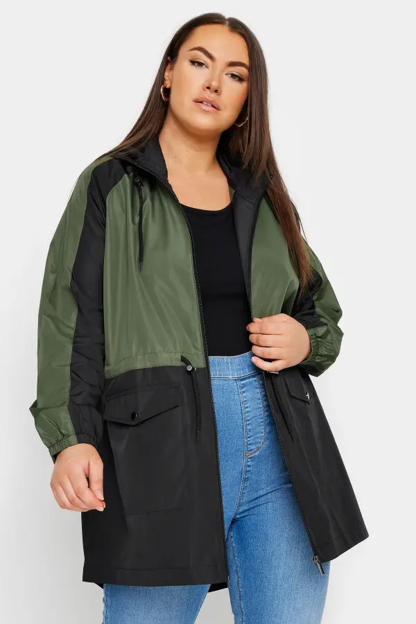 Yours Curve Khaki Green Colour Block Drawstring Lightweight Parka Jacket, Women's Curve & Plus Size, Yours