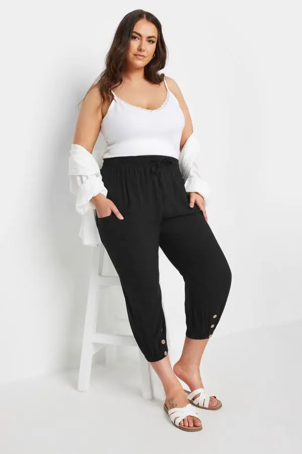 Yours Curve Black Button Front Cropped Trousers, Women's Curve & Plus Size, Yours