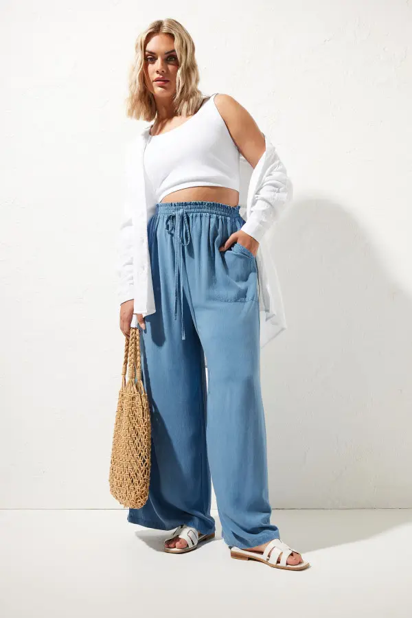 Yours Curve Blue Chambray Wide Leg Trousers, Women's Curve & Plus Size, Yours