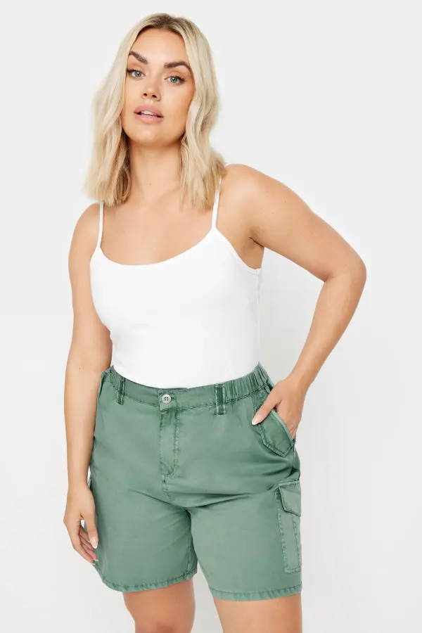 Yours Curve Sage Green Cotton Cargo Shorts, Women's Curve & Plus Size, Yours