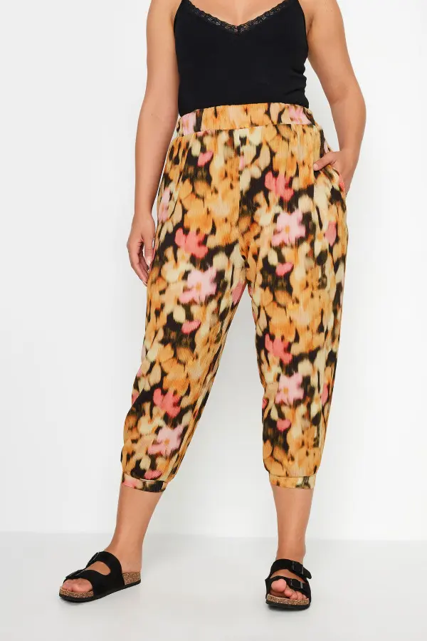 Yours Curve Orange Floral Print Textured Cropped Harem Trousers, Women's Curve & Plus Size, Yours