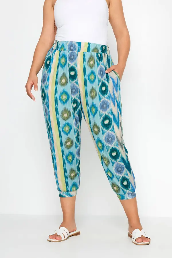 Yours Curve Blue Abstract Print Textured Cropped Harem Trousers, Women's Curve & Plus Size, Yours