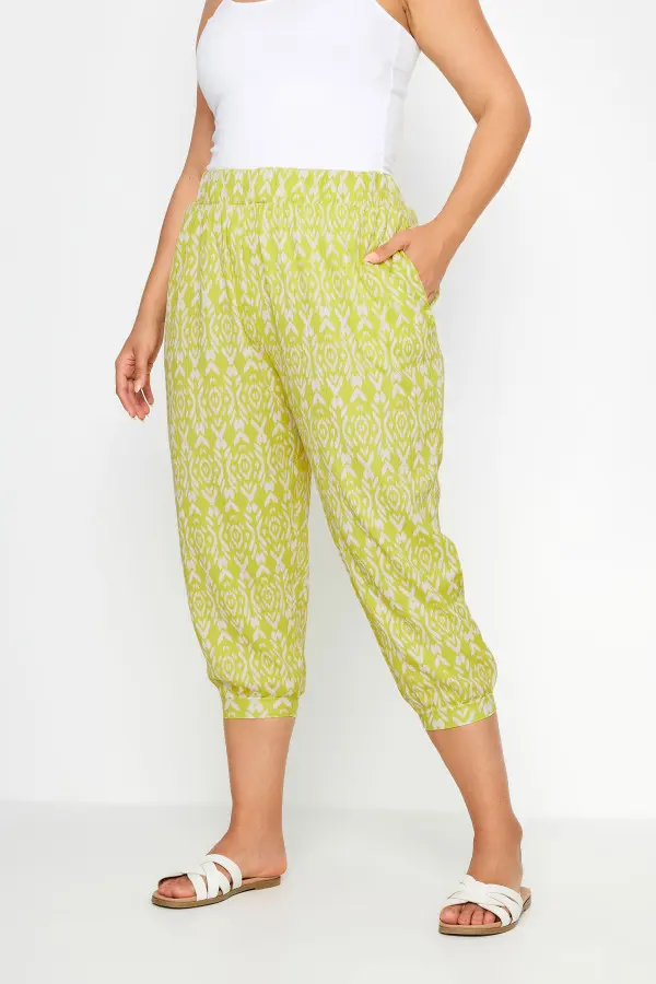 Yours Curve Yellow Ikat Print Textured Cropped Harem Trousers, Women's Curve & Plus Size, Yours
