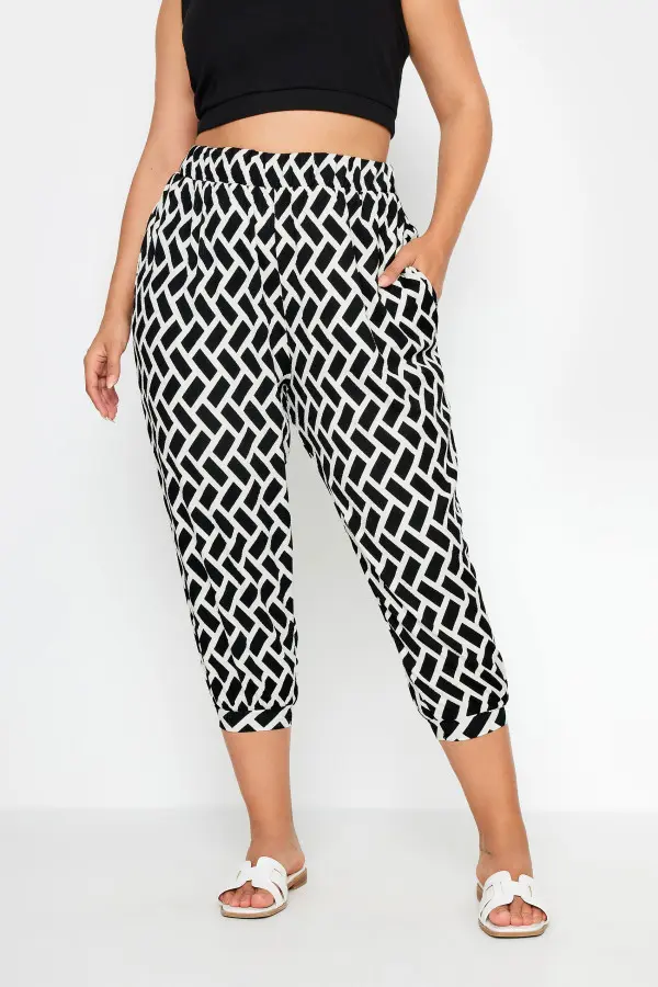 Yours Curve Black Geometric Print Textured Cropped Harem Trousers, Women's Curve & Plus Size, Yours