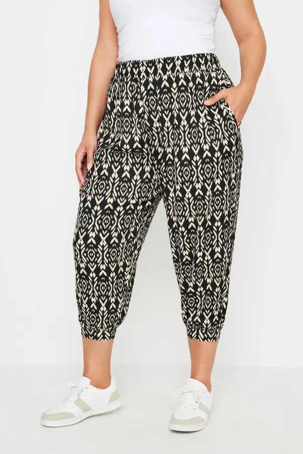 Yours Curve Black Ikat Print Textured Cropped Harem Trousers, Women's Curve & Plus Size, Yours