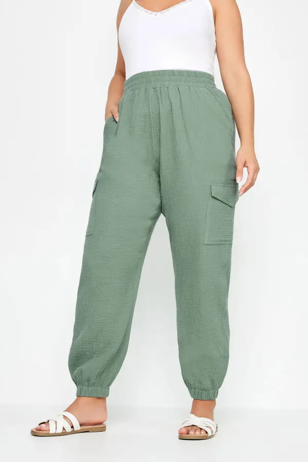 Yours Curve Sage Green Cheesecloth Cuffed Joggers, Women's Curve & Plus Size, Yours