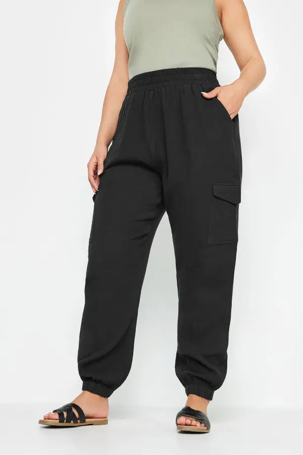 Yours Curve Sage Black Cheesecloth Cuffed Joggers, Women's Curve & Plus Size, Yours