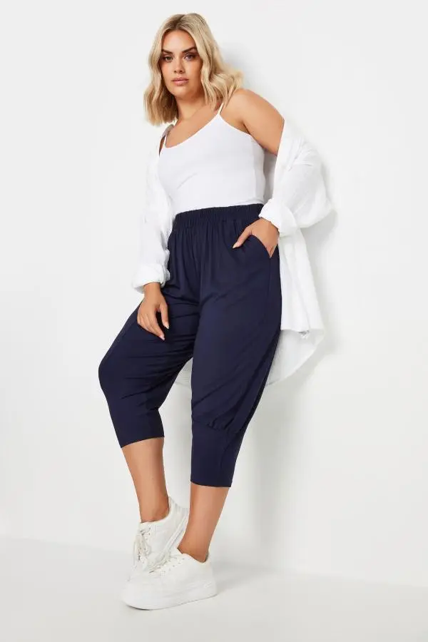 Yours Curve Navy Blue Ruched Harem Trousers, Women's Curve & Plus Size, Yours