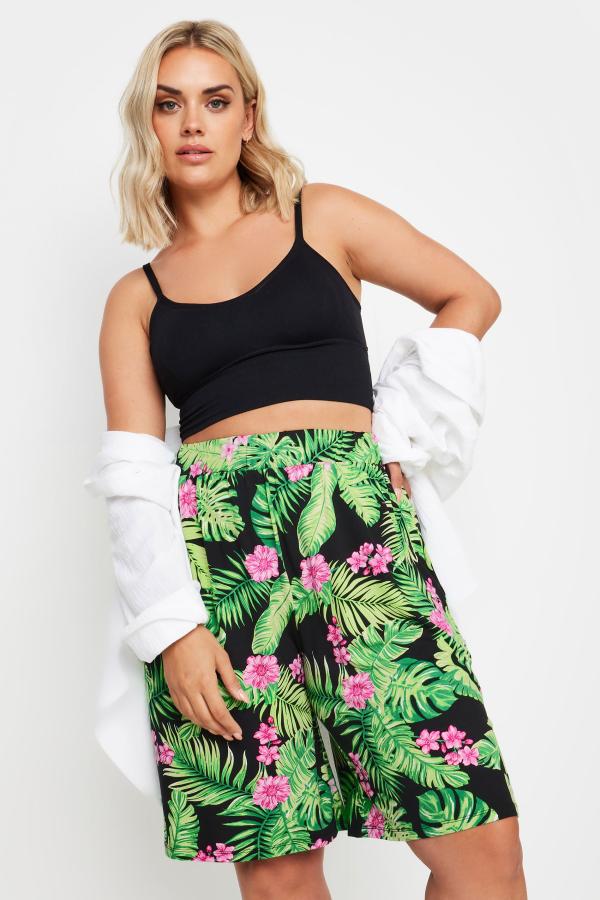 Yours Curve Black Tropical Print Jersey Pull On Shorts, Women's Curve & Plus Size, Yours