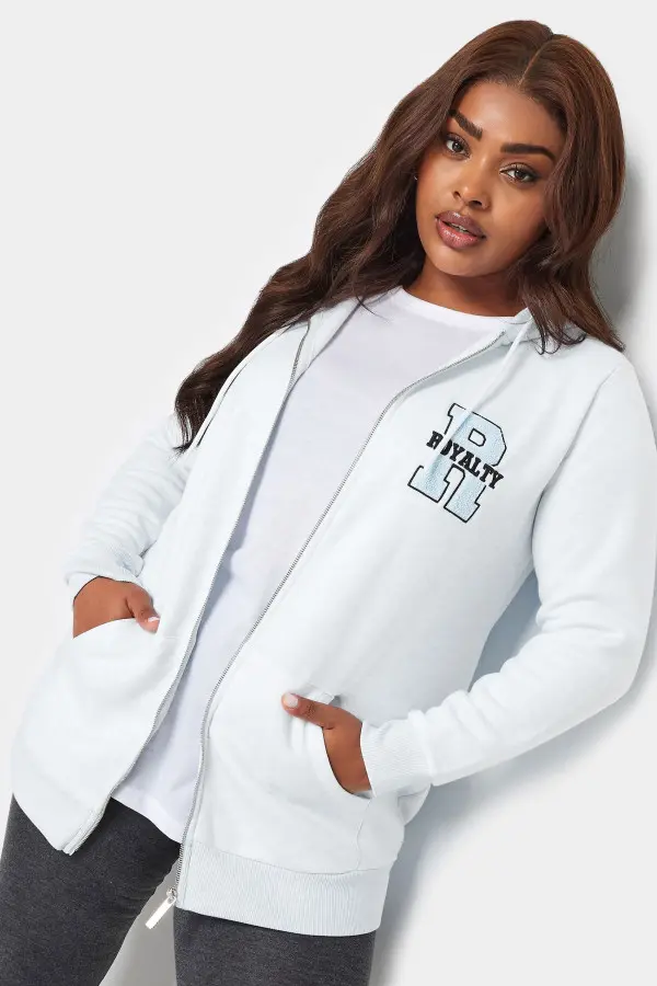 Yours Curve Blue Embroidered Zip Through Marl Hoodie, Women's Curve & Plus Size, Yours