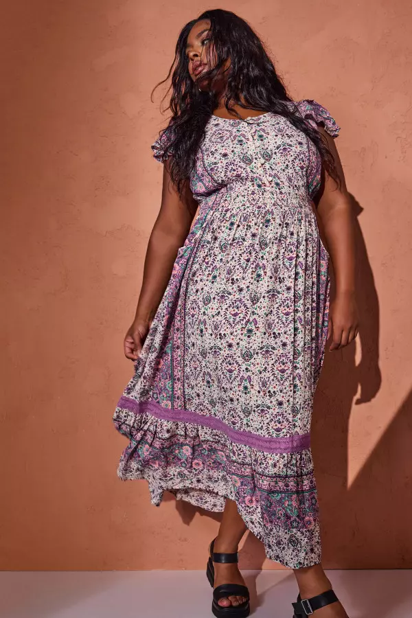 Yours Curve Purple Floral Print Crinkle Maxi Dress, Women's Curve & Plus Size, Yours