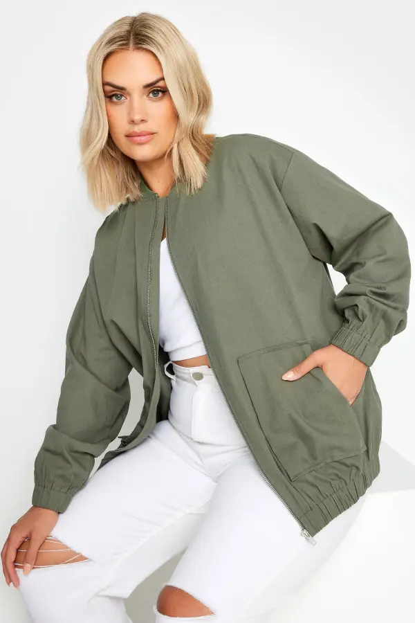 Limited Collection Curve Khaki Green Twill Bomber Jacket, Women's Curve & Plus Size, Limited Collection