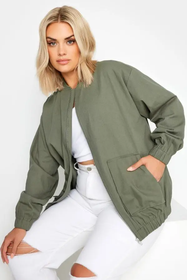 Yours Curve Khaki Green Twill Bomber Jacket, Women's Curve & Plus Size, Yours