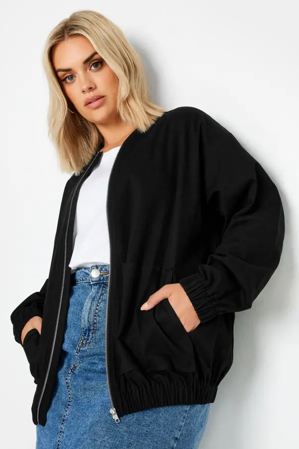 Limited Collection Curve Black Twill Bomber Jacket, Women's Curve & Plus Size, Limited Collection