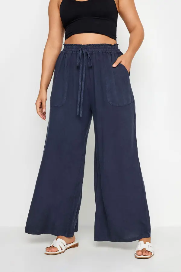 Yours Curve Indigo Blue Chambray Wide Leg Trousers, Women's Curve & Plus Size, Yours