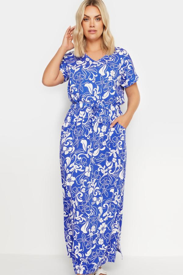 Yours Curve Blue Floral Print Tie Waist Maxi Dress, Women's Curve & Plus Size, Yours