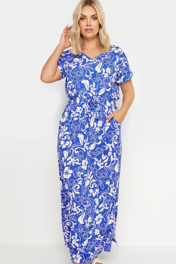 Yours Curve Blue Floral Print Tie Waist Maxi Dress, Women's Curve & Plus Size, Yours