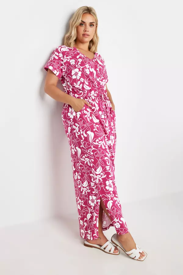 Yours Curve Pink Floral Print Tie Waist Maxi Dress, Women's Curve & Plus Size, Yours