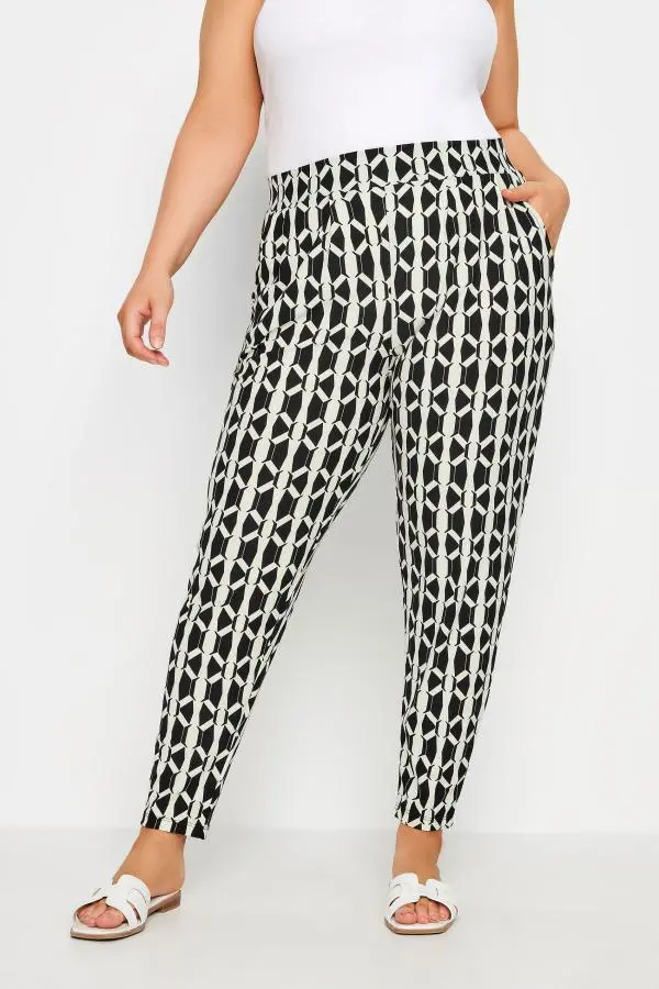 Yours Curve Black Geometric Print Double Pleat Harem Trousers, Women's Curve & Plus Size, Yours