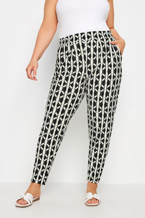 Yours Curve Black Geometric Print Double Pleat Harem Trousers, Women's Curve & Plus Size, Yours