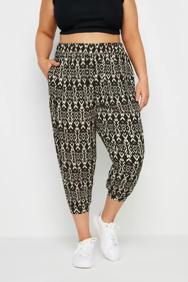 Yours Curve Black Abstract Print Textured Cropped Harem Trousers, Women's Curve & Plus Size, Yours
