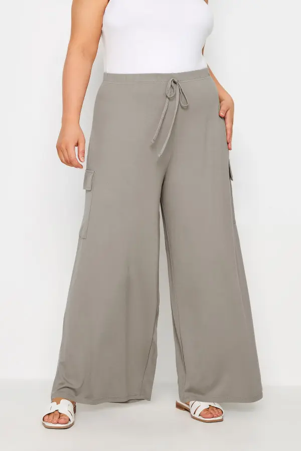 Yours Curve Stone Brown Jersey Wide Leg Cargo Trousers, Women's Curve & Plus Size, Yours